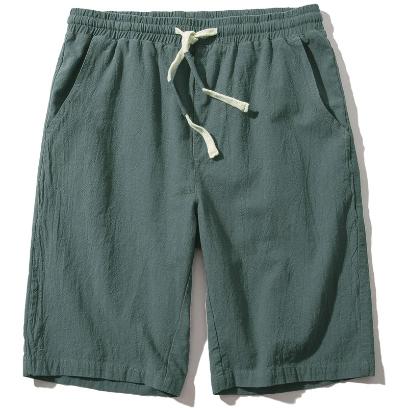 SIR7 Men's Linen Casual Classic Fit 11 Inch Inseam Elastic Waist Shorts with Drawstring Army Green Medium - Image 1
